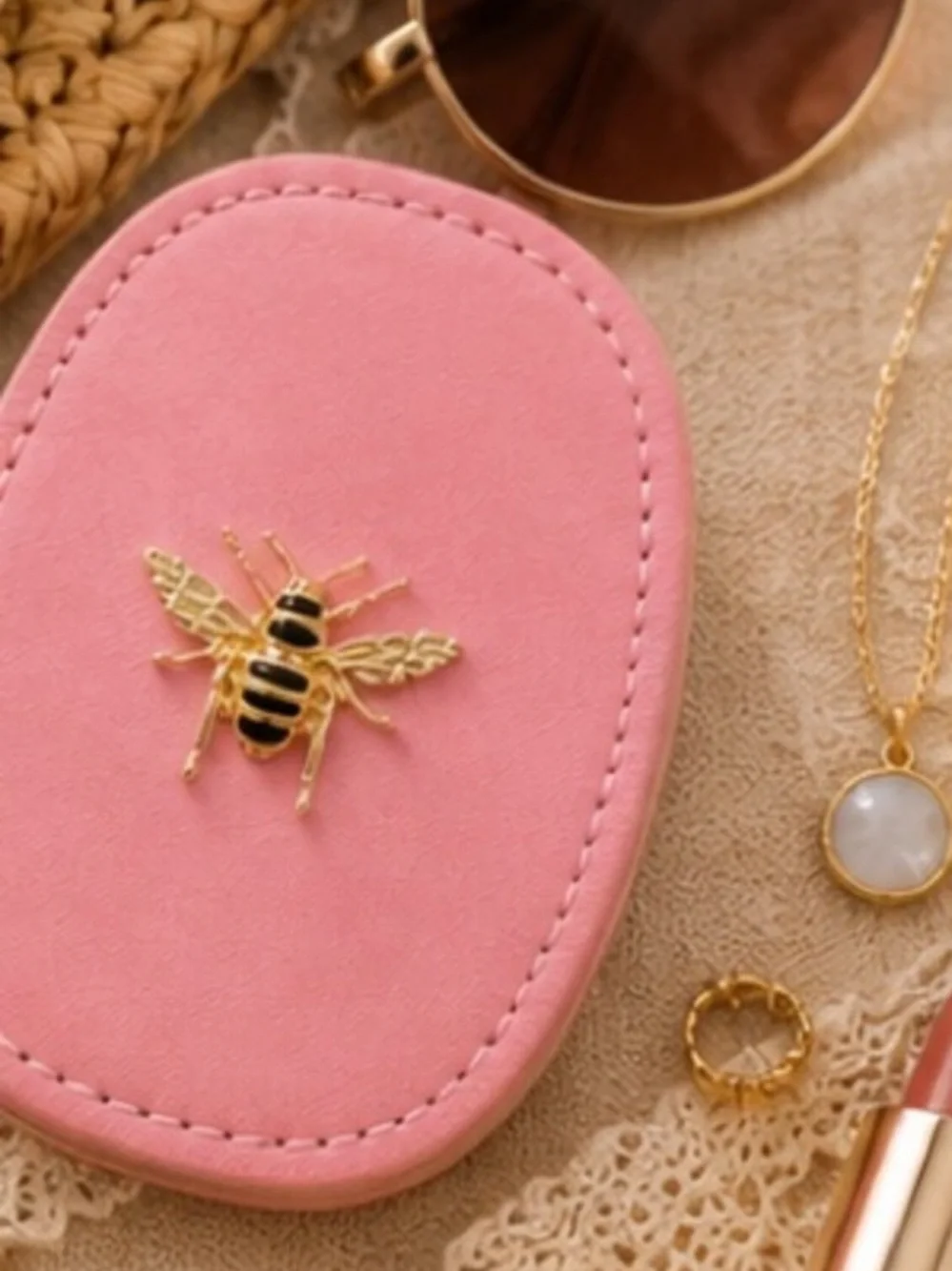 Linen Bee Compact Mirror - Pink